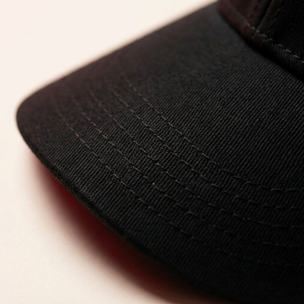 Close-up of the curved brim and layered stitching